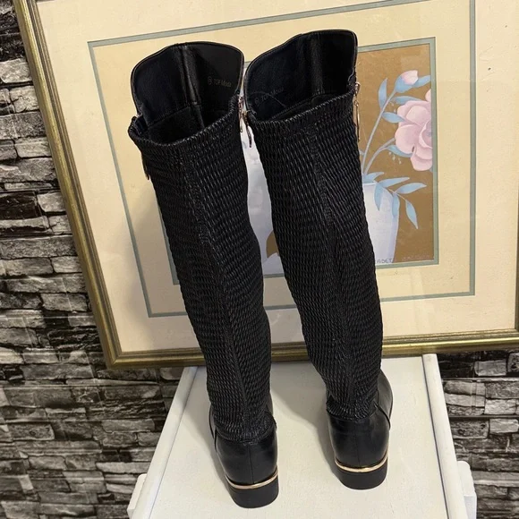 Black Knee-High Women's Boots features zipper on side and gold around the heels - Picture 6 of 11